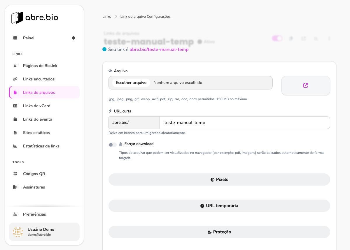 Tela de edição de link de arquivo, parte superior, com campo Arquivo preenchido e toggle Forçar download