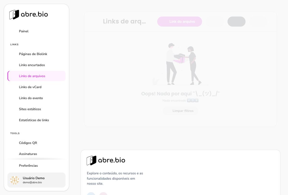 Estado vazio da listagem de links de arquivos