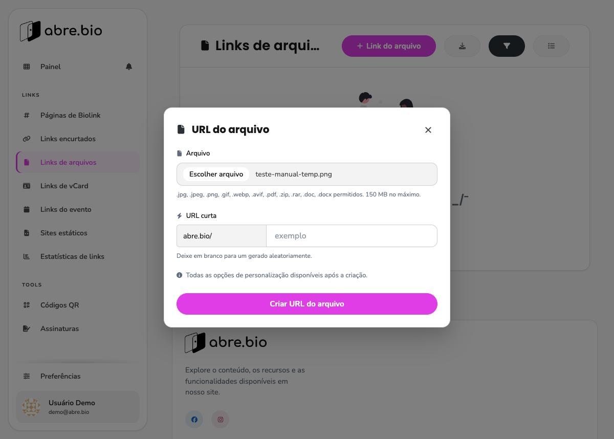 Modal URL do arquivo com o arquivo teste-manual-temp.png já selecionado