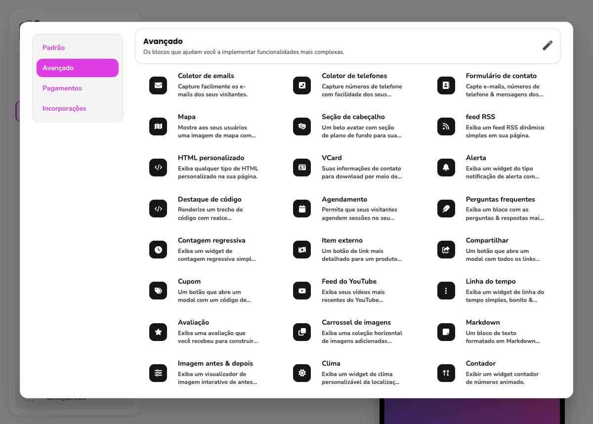 Modal Adicionar bloco, categoria Avançado, lista completa de 25 tipos