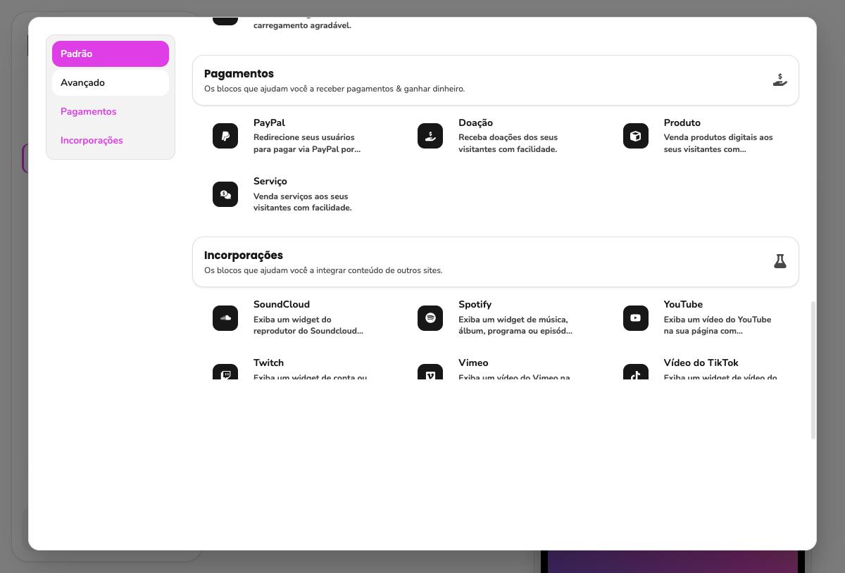 Modal Adicionar bloco, transição entre as categorias Avançado, Pagamentos e Incorporações