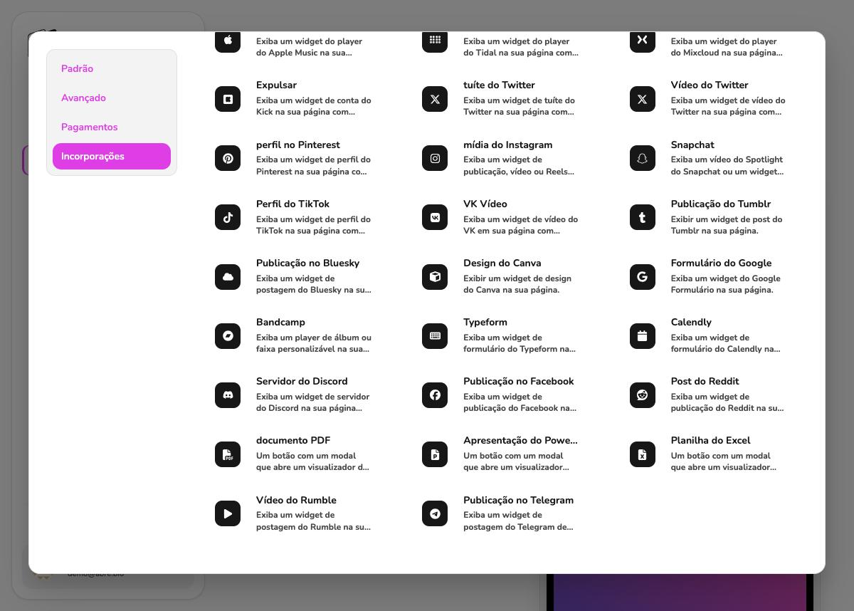 Modal Adicionar bloco, categoria Incorporações, lista completa de 32 tipos