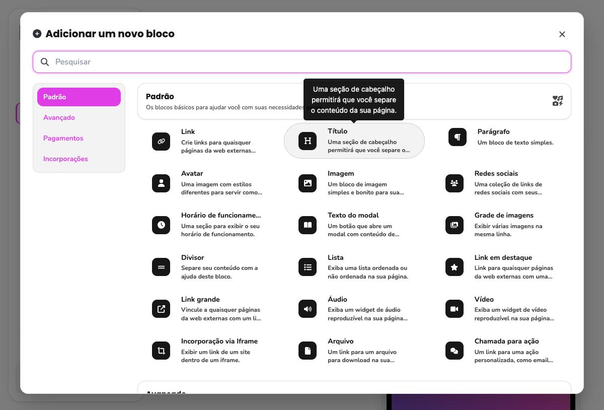 Modal Adicionar um novo bloco, categoria Padrão, com 18 tipos de bloco