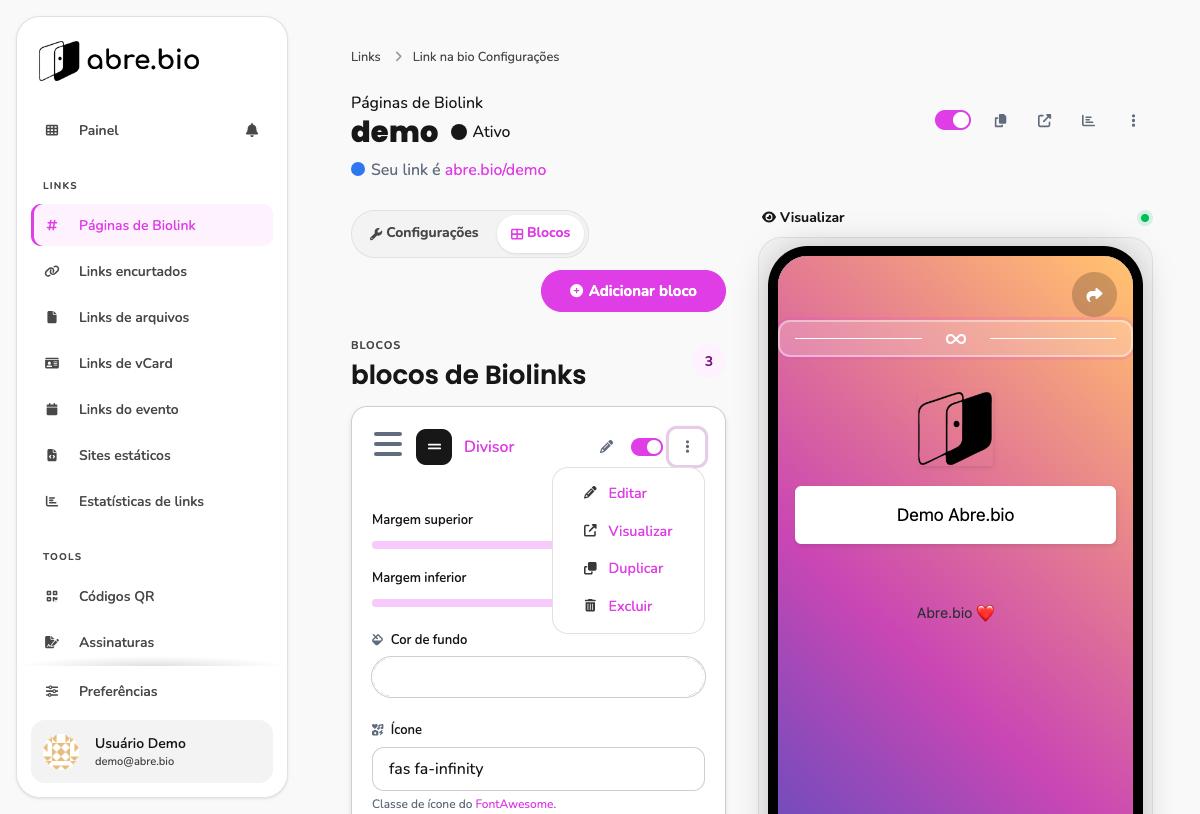 Menu de três pontos do bloco Divisor, com itens Editar, Visualizar, Duplicar e Excluir