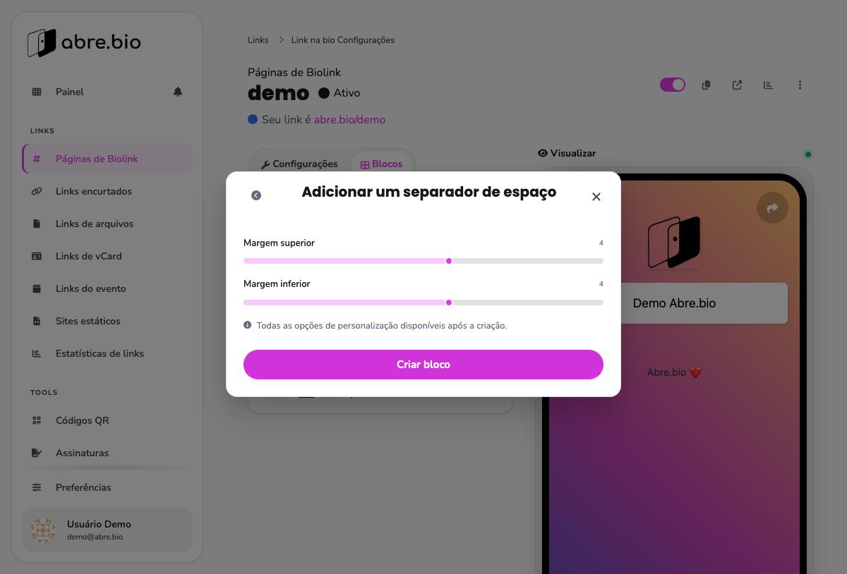 Modal Adicionar um separador de espaço com sliders de margem superior e inferior