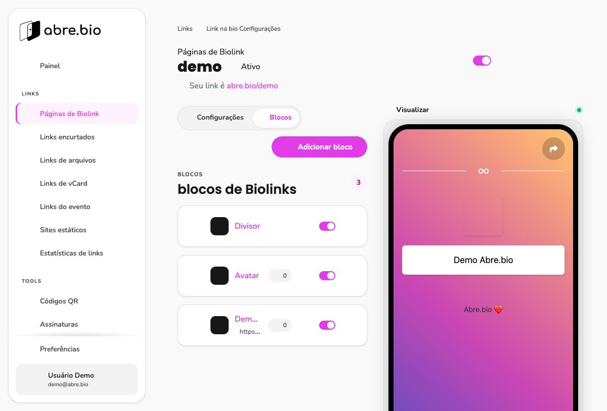 Bloco Divisor criado, lista de blocos com 3 itens e preview ao vivo mostrando o divisor