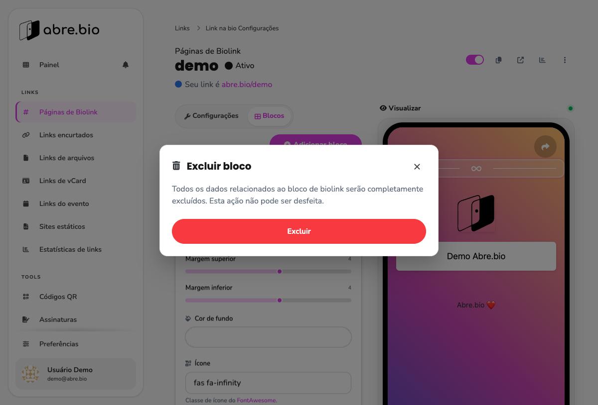 Modal Excluir bloco com aviso de ação irreversível e botão vermelho Excluir