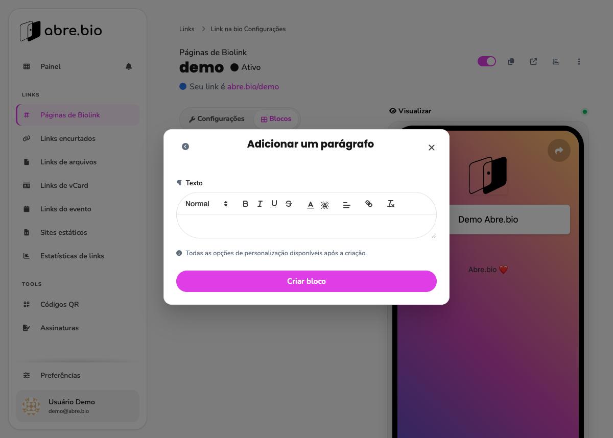 Modal Adicionar um parágrafo com editor de texto rico e barra de ferramentas de formatação