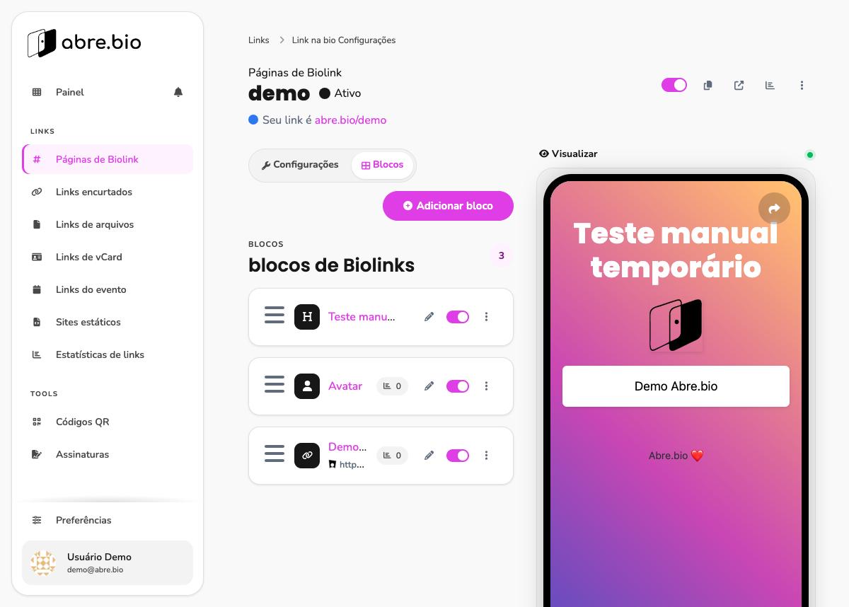 Bloco Título criado, preview ao vivo mostrando o texto Teste manual temporário como cabeçalho H1
