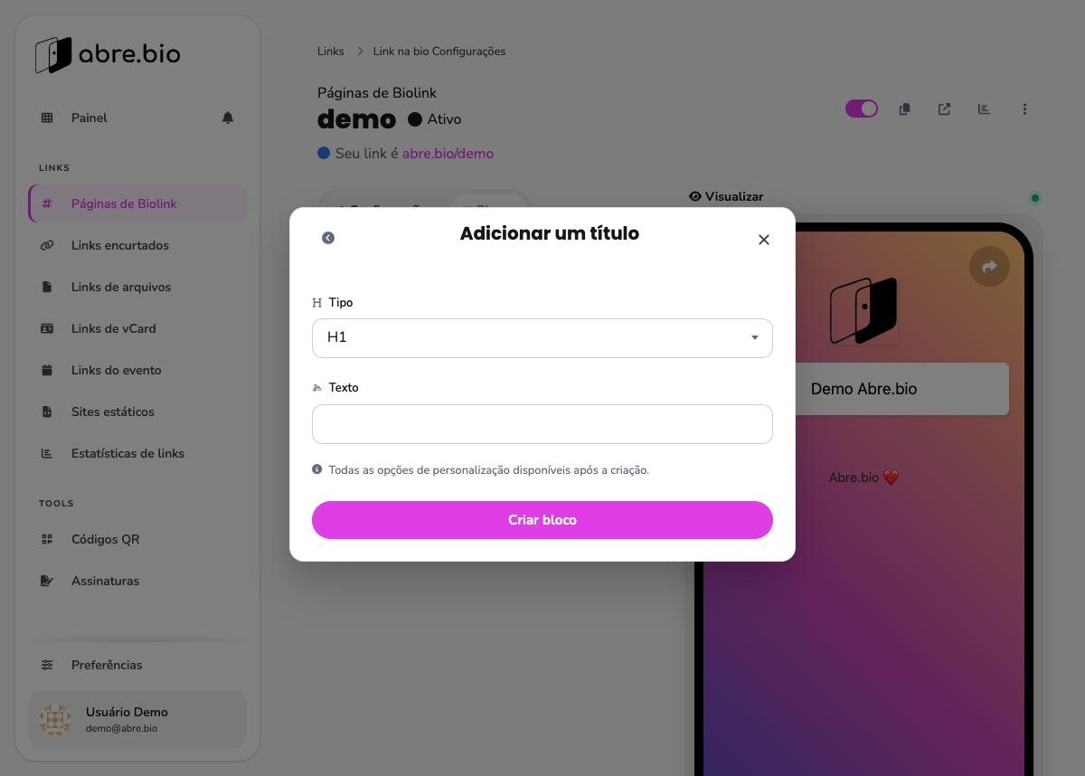 Modal Adicionar um título com dropdown Tipo (H1) e campo Texto vazio