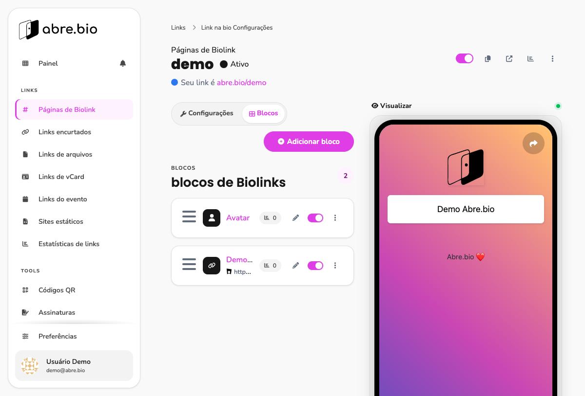 Editor de biolink, aba Blocos, com preview ao vivo à direita