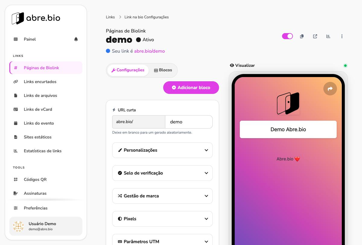 Editor de biolink, aba Configurações, com acordeões de URL curta, Personalizações e outros