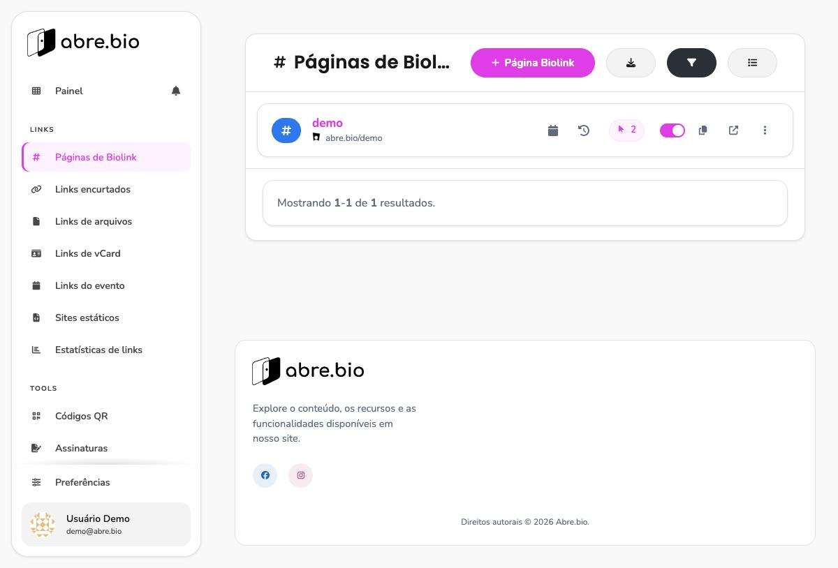 Listagem de páginas de biolink com o item demo
