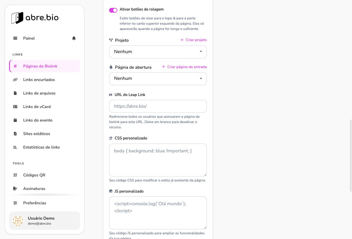 Acordeão Avançado mostrando o campo URL do Leap Link e o textarea de CSS personalizado