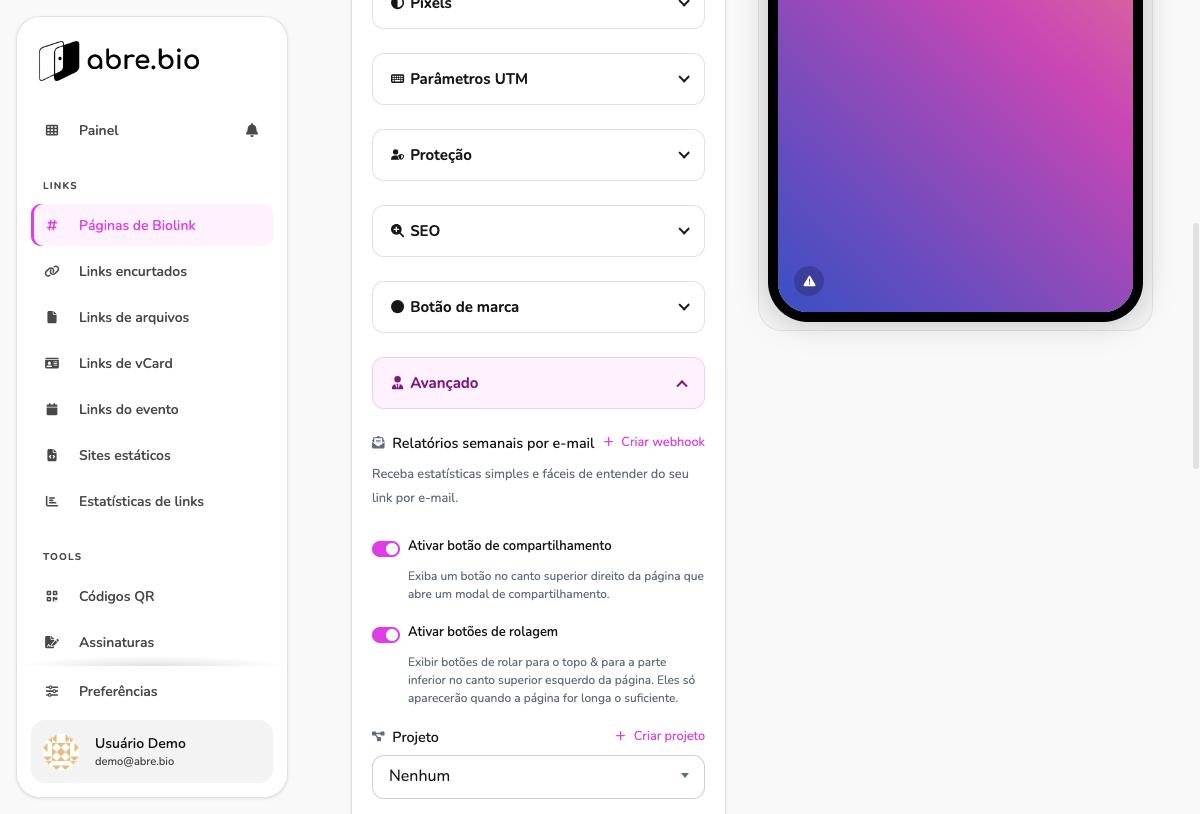 Acordeão Avançado mostrando webhook, botões de compartilhamento/rolagem, Projeto e Página de abertura
