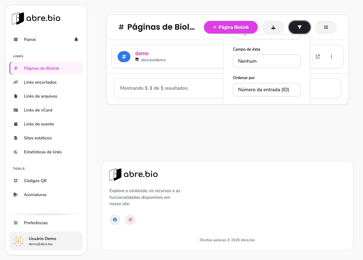 Painel de filtros mostrando Campo de data, Ordenar por e botão Redefinir
