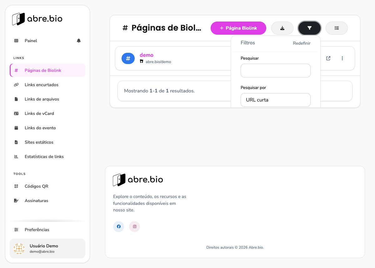 Painel de filtros da listagem de biolinks com campo Pesquisar e dropdown Pesquisar por