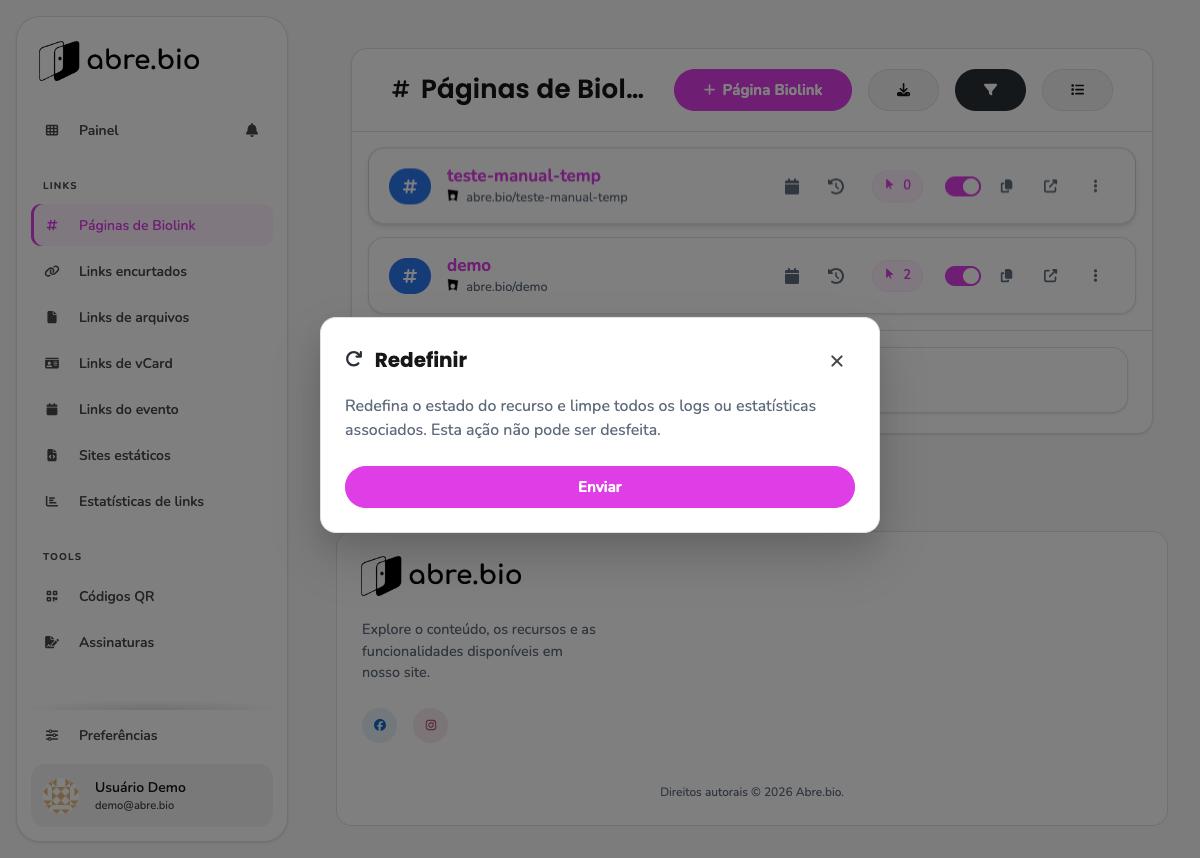 Modal de confirmação de Redefinir, com aviso de que a ação não pode ser desfeita