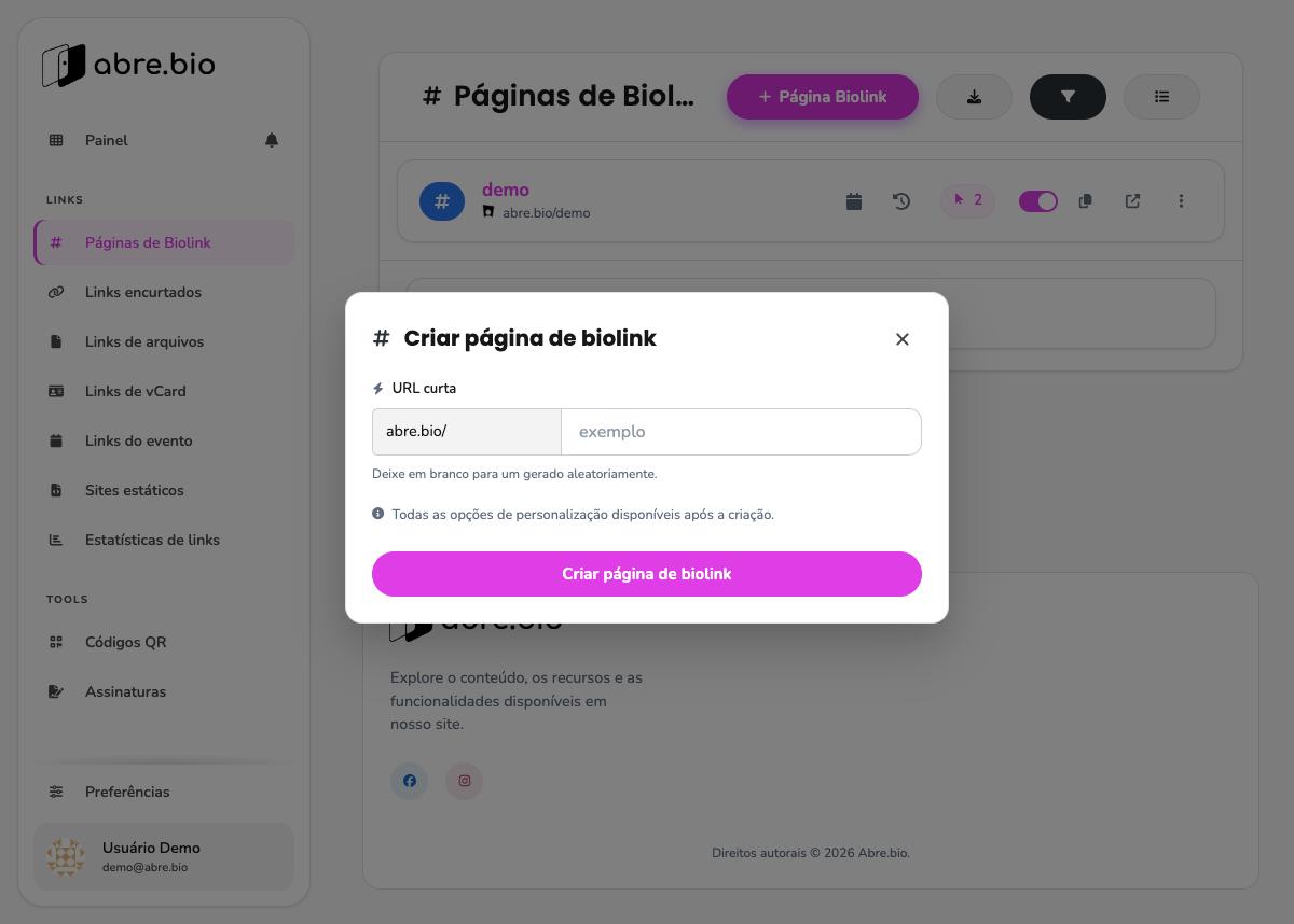 Modal Criar página de biolink com campo URL curta opcional