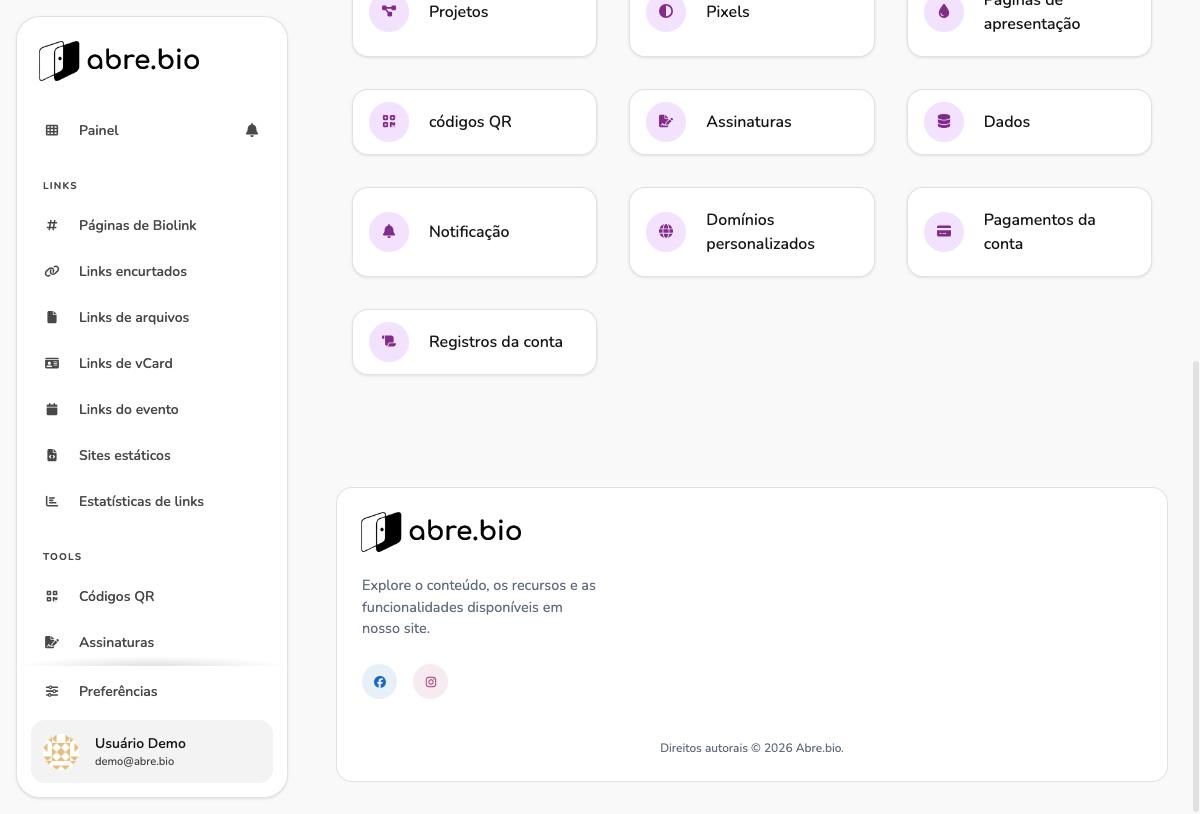 Grade de atalhos dentro da Central da conta com Projetos, Pixels, Páginas de apresentação, Códigos QR, Assinaturas, Dados, Notificação, Domínios personalizados, Pagamentos da conta e Registros da conta