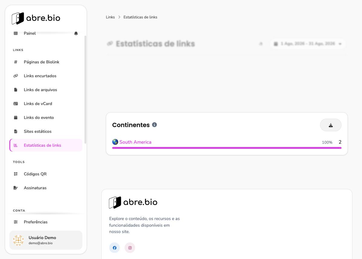 Tela agregada de estatísticas de links após clicar em Ver mais no card Continentes, mostrando o detalhe de continentes em tela cheia