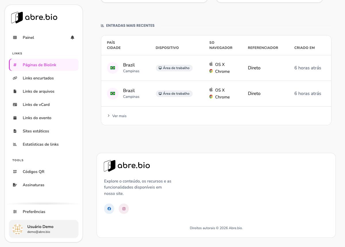 Aba Visão geral, rodapé, mostrando a tabela Entradas mais recentes
