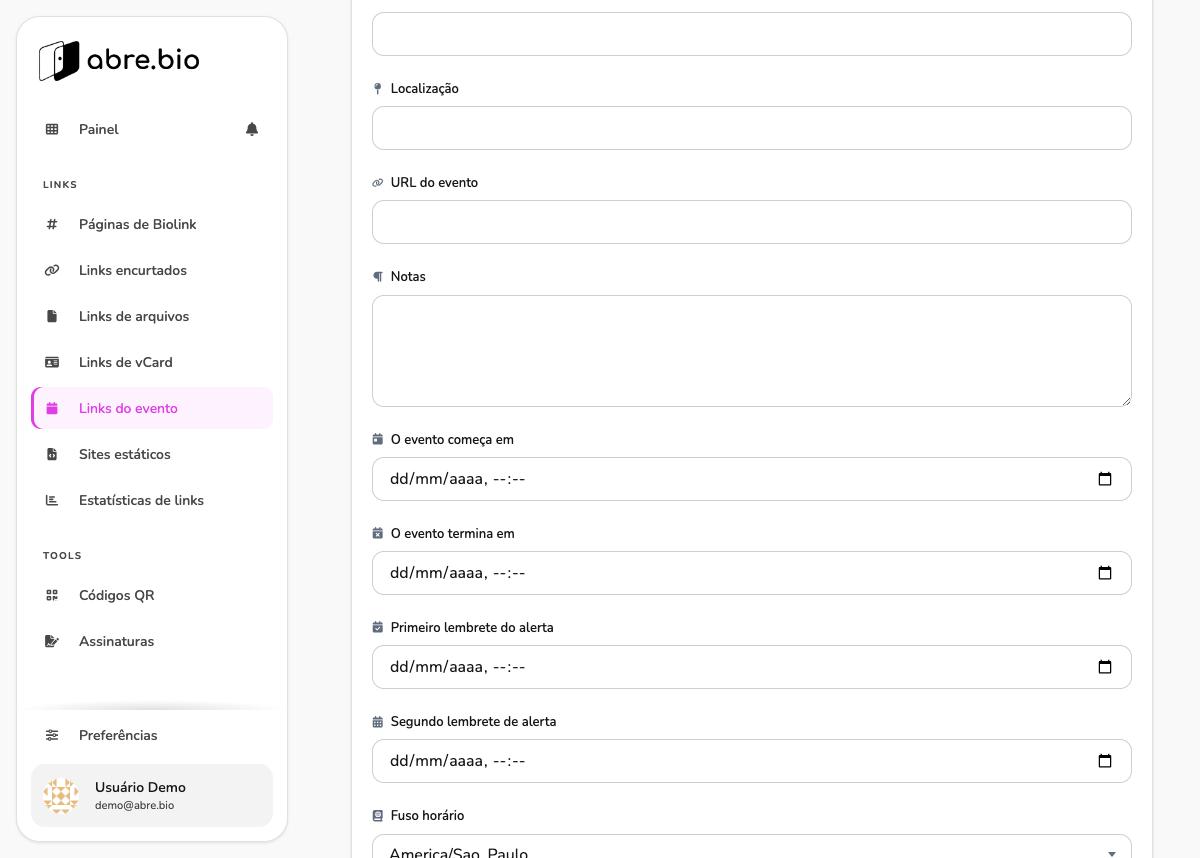 Tela de edição de link do evento mostrando os campos de data e hora de início, término e lembretes de alerta