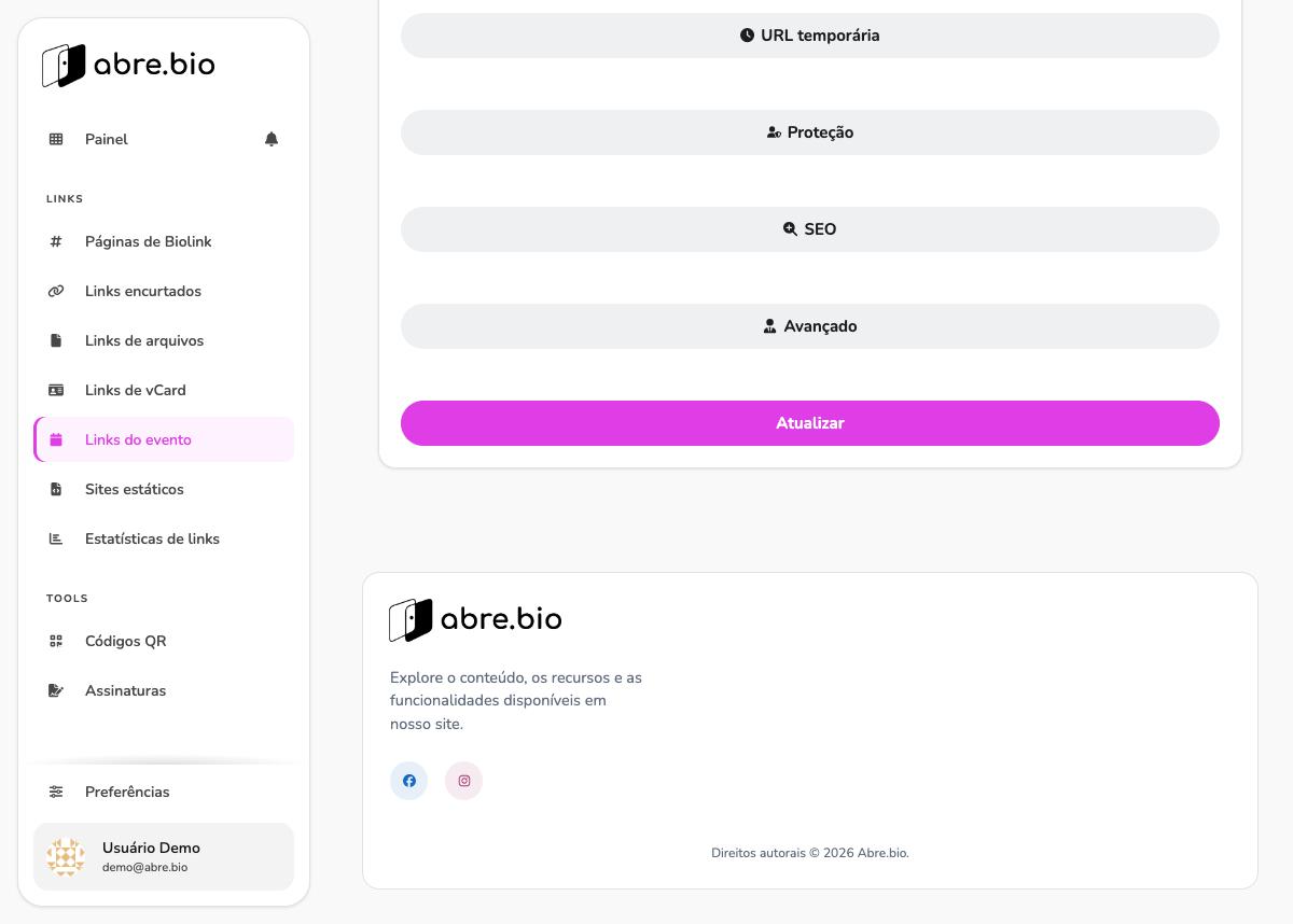 Tela de edição de link do evento, parte inferior, com acordeões Proteção, SEO e Avançado