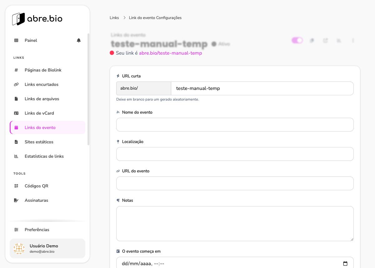 Tela de edição de link do evento, parte superior, com campos Nome do evento, Localização, URL do evento e Notas