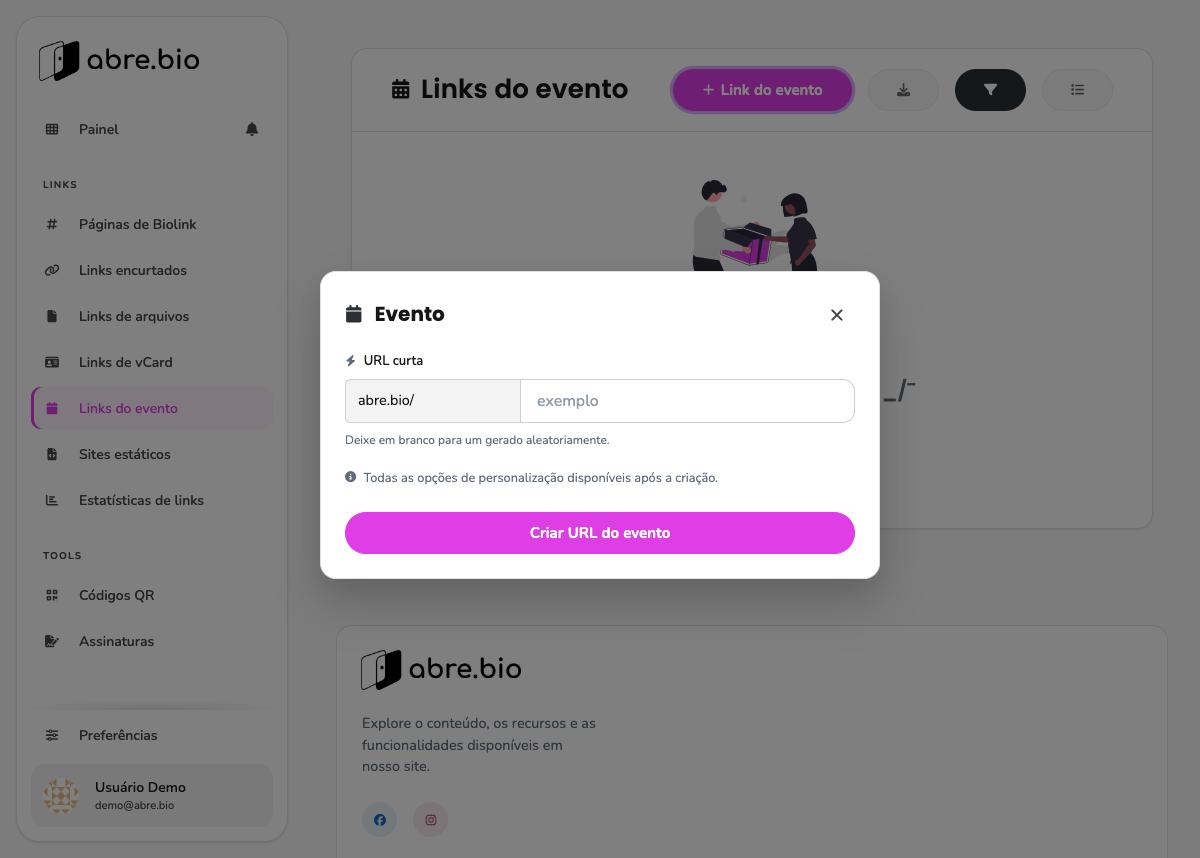 Modal Evento com campo URL curta opcional