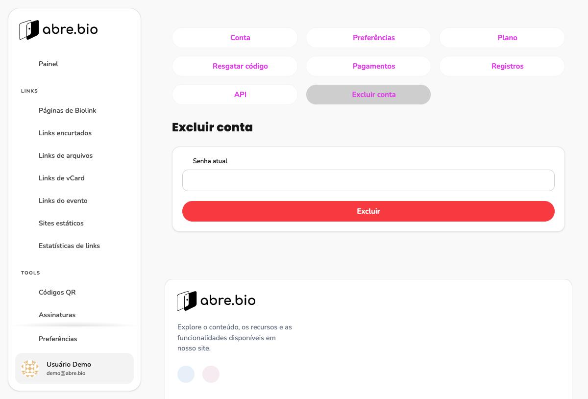 Aba Excluir conta com campo de senha atual e botão vermelho Excluir