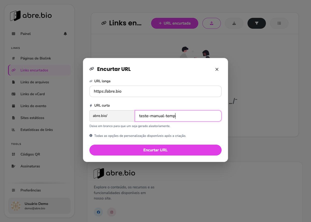 Modal Encurtar URL com campos URL longa e URL curta