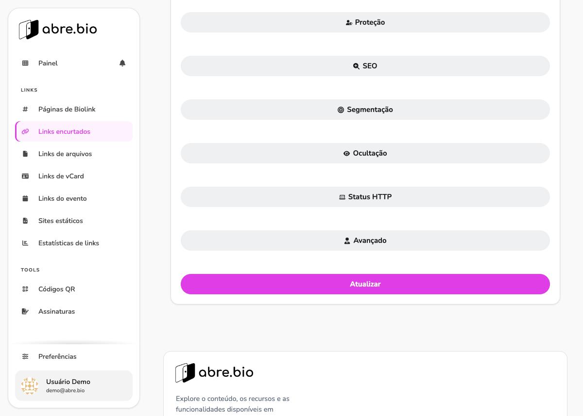 Tela de edição de link encurtado, parte inferior, com acordeões Proteção, SEO, Segmentação, Ocultação, Status HTTP e Avançado