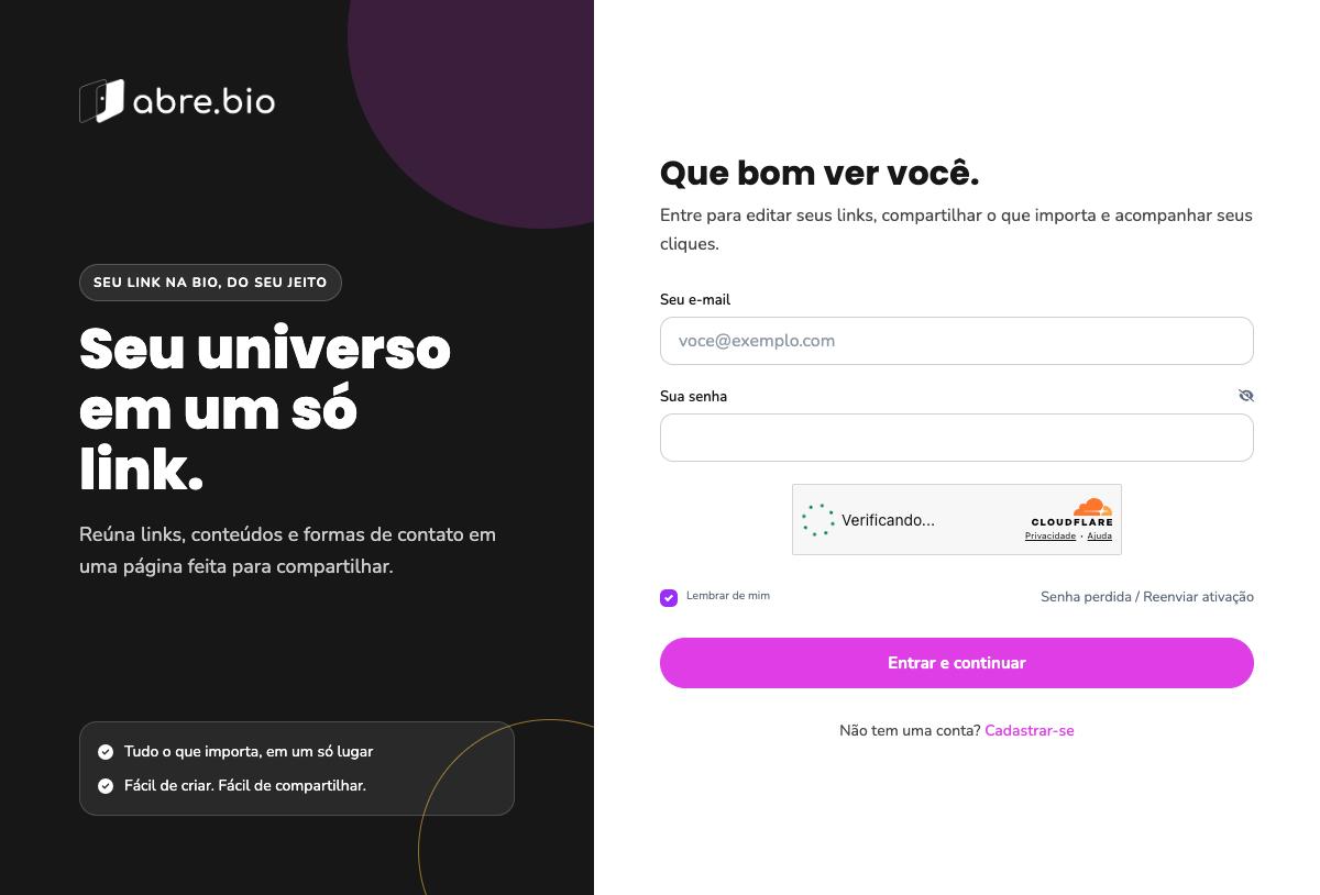 Tela de login do Abre.bio com campos de e-mail e senha