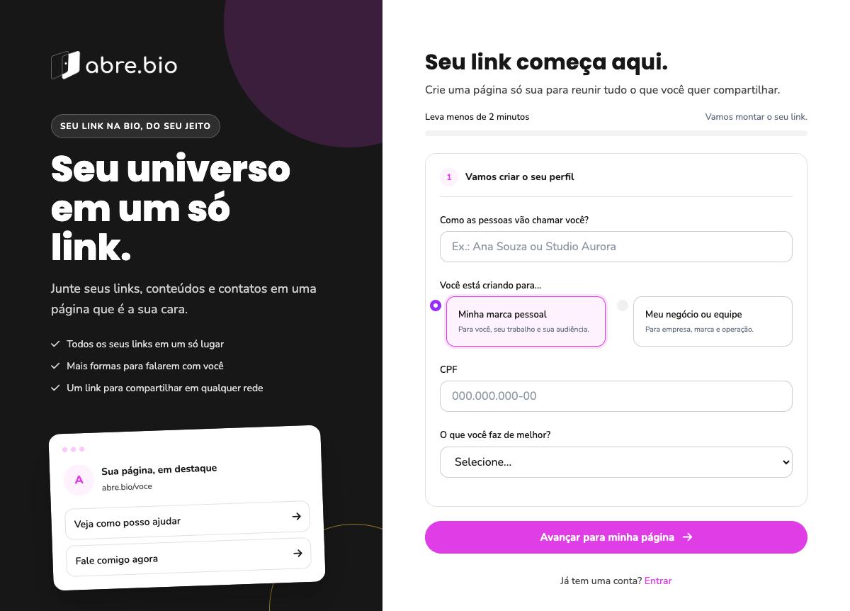 Tela de cadastro do Abre.bio, primeira etapa: nome e tipo de conta