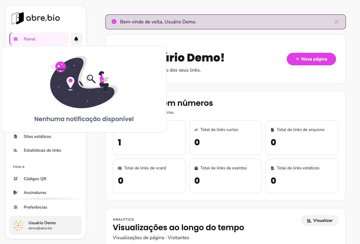 Painel de notificações vazio: Nenhuma notificação disponível
