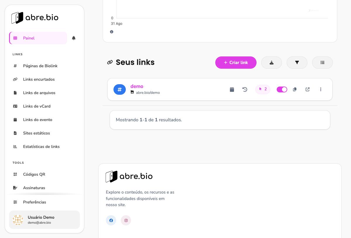Seção Seus links no Painel, listando a página biolink demo
