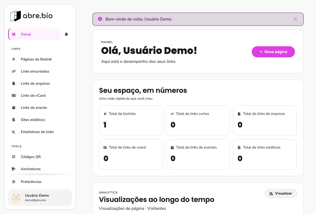 Topo do Painel do Abre.bio com números do espaço e botão Nova página