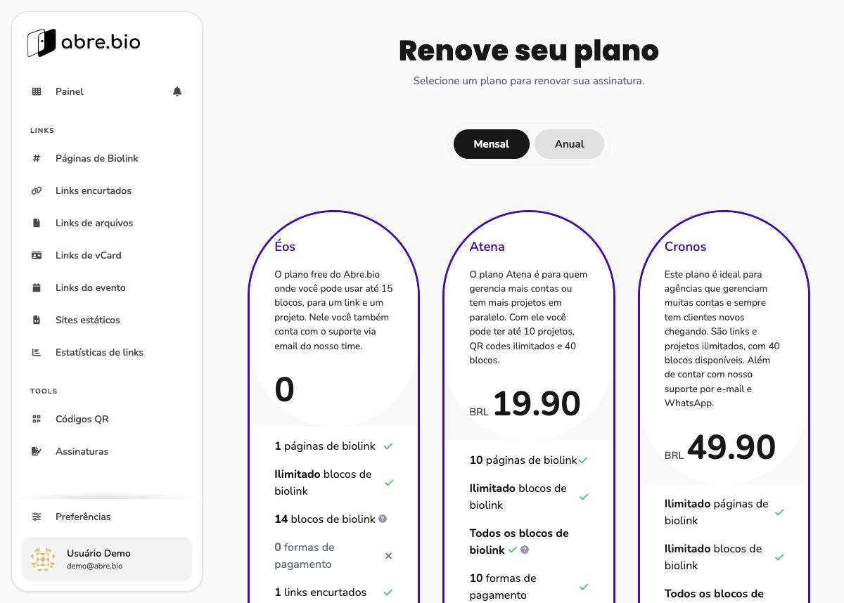 Tela Renove seu plano com os 3 cards de plano (Éos, Atena, Cronos) e seus preços