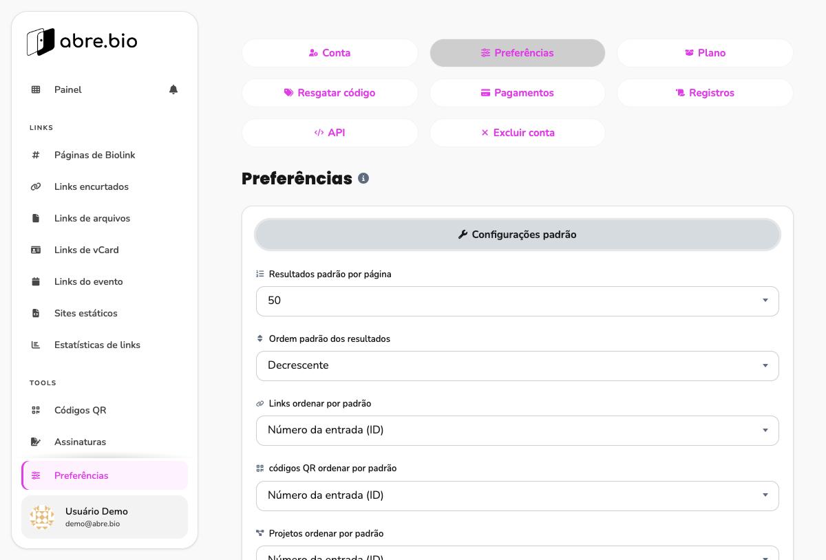 Central da conta, aba Preferências, bloco Configurações padrão aberto