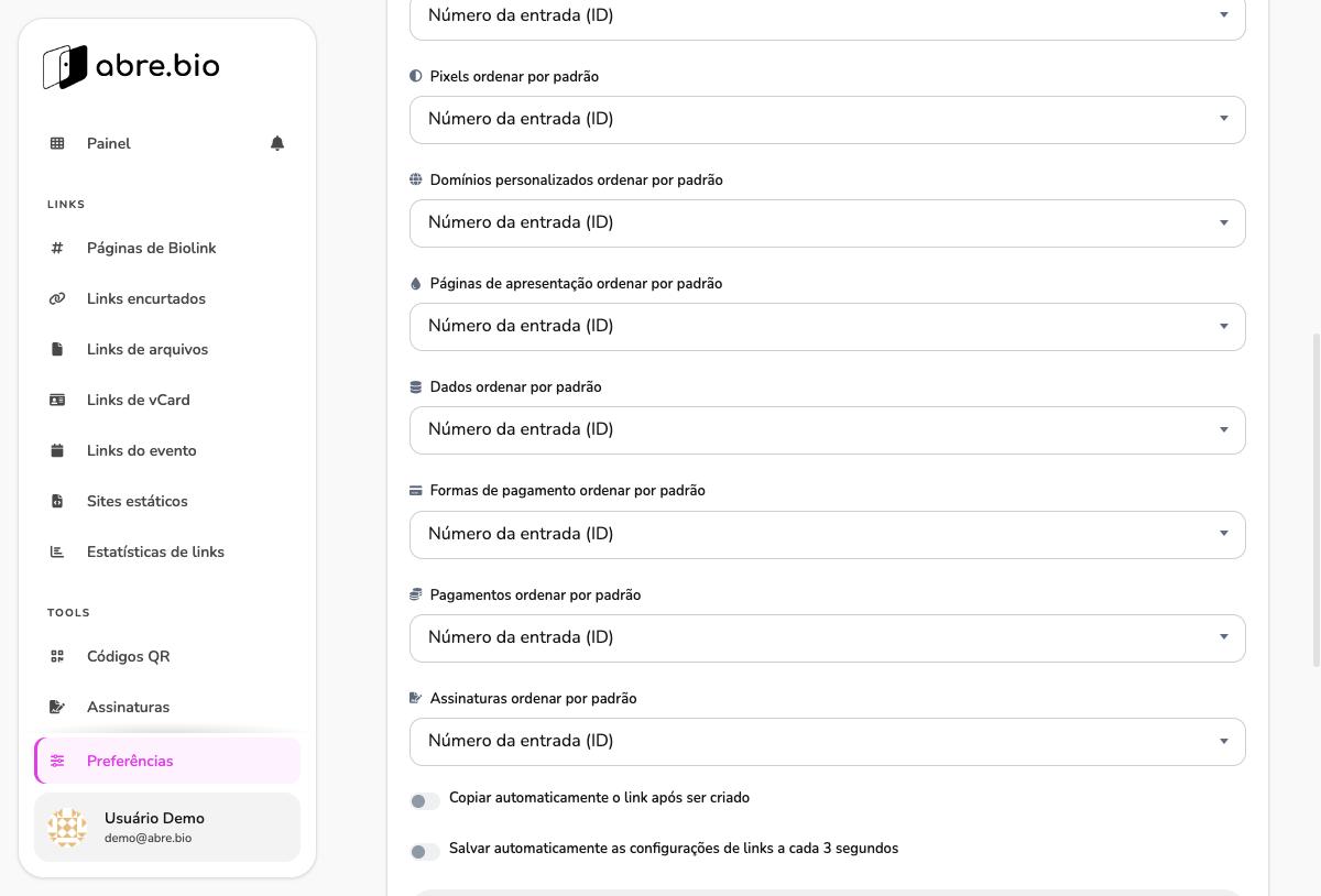Lista de campos de ordenação padrão para pixels, domínios, páginas de apresentação, dados, formas de pagamento, pagamentos e assinaturas