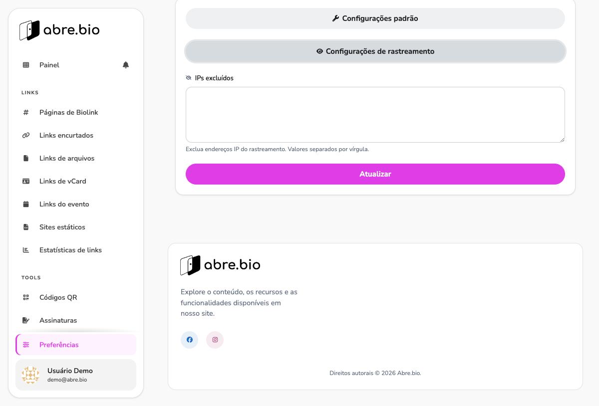 Bloco Configurações de rastreamento expandido, campo IPs excluídos vazio