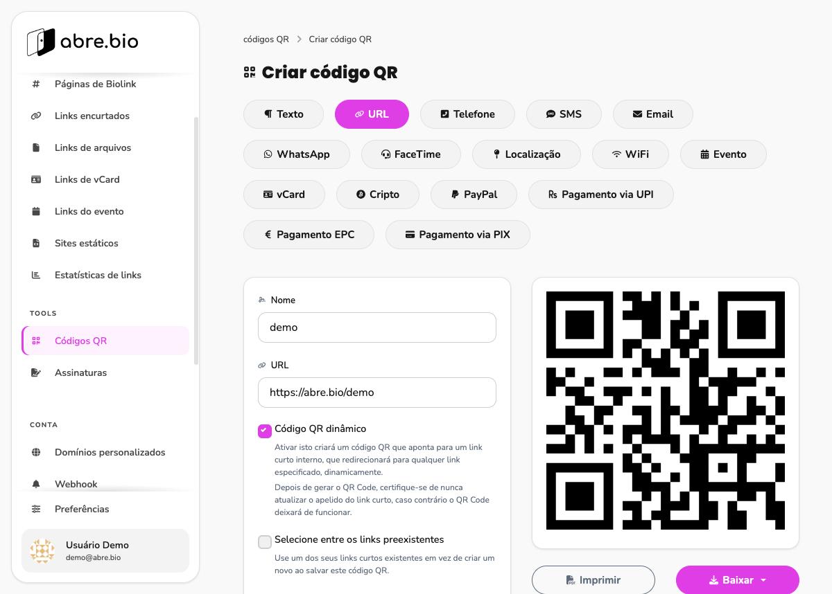 Tela Criar QR, parte superior, com formulário, seletor de tipo e preview do QR ao vivo