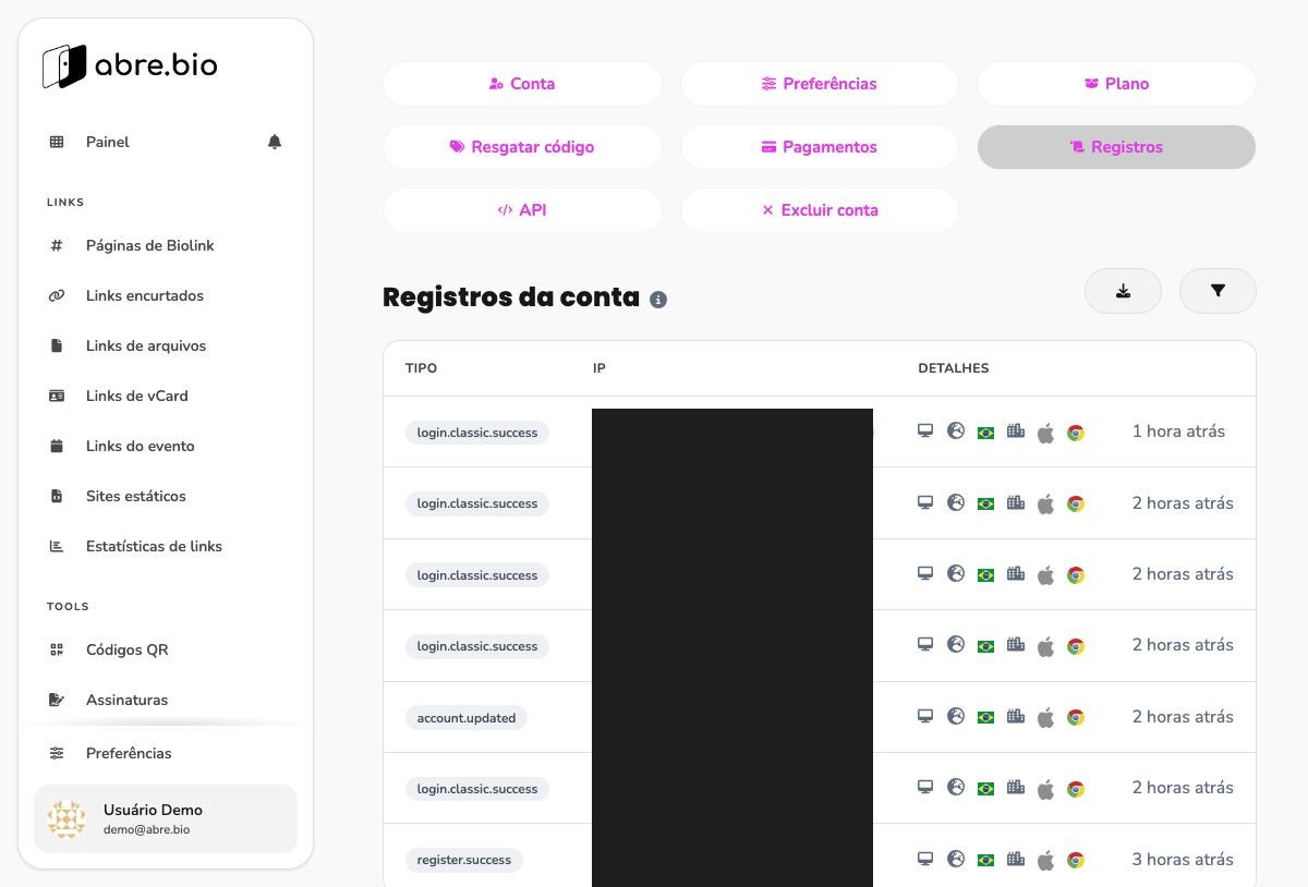 Tabela de registros da conta com coluna de IP mascarada por uma barra preta