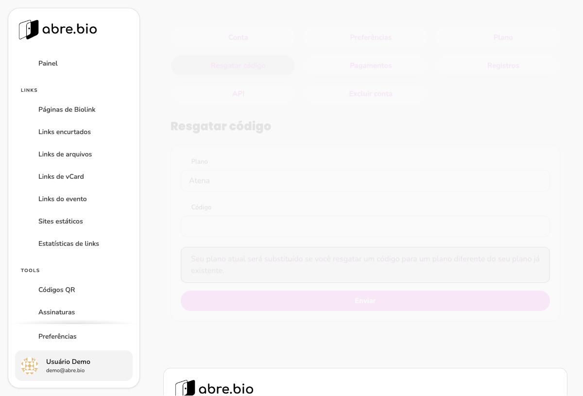 Aba Resgatar código com campos Plano e Código e aviso de substituição de plano