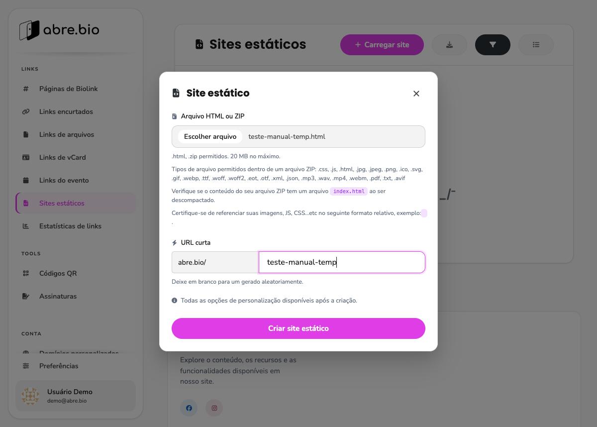 Modal Site estático com o arquivo teste-manual-temp.html selecionado e a URL curta preenchida