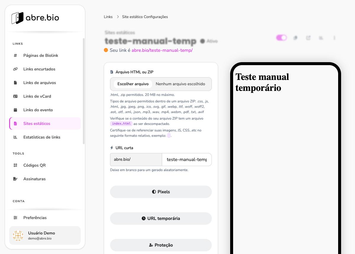 Tela de edição de site estático com o preview ao vivo renderizando o texto Teste manual temporário enviado no HTML