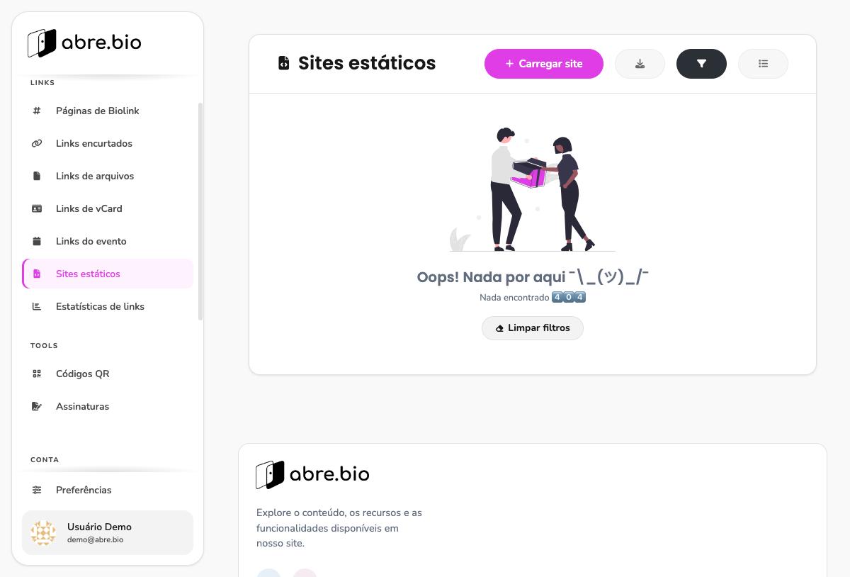 Estado vazio da listagem de sites estáticos