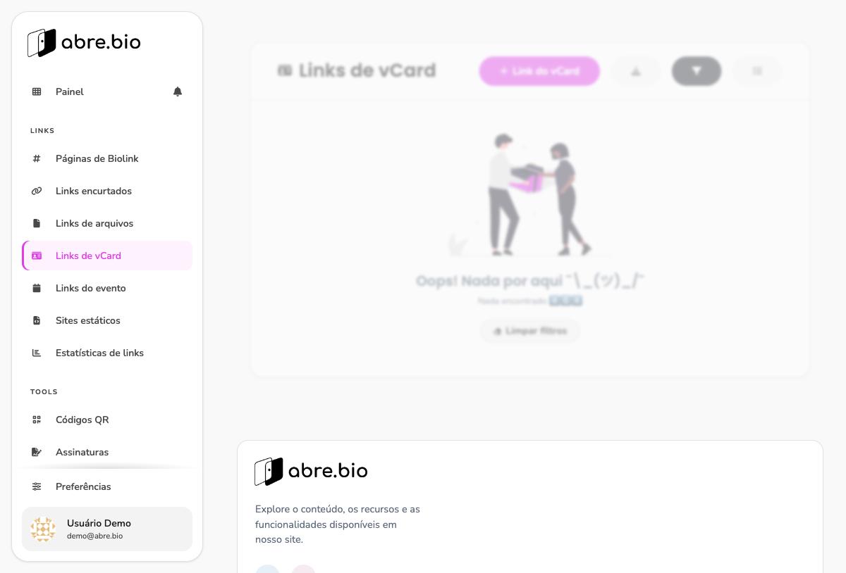 Estado vazio da listagem de links de vCard