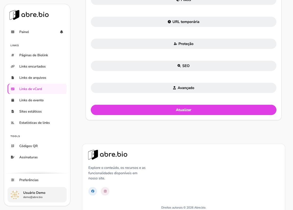 Tela de edição de link de vCard, parte inferior, com acordeões URL temporária, Proteção, SEO e Avançado